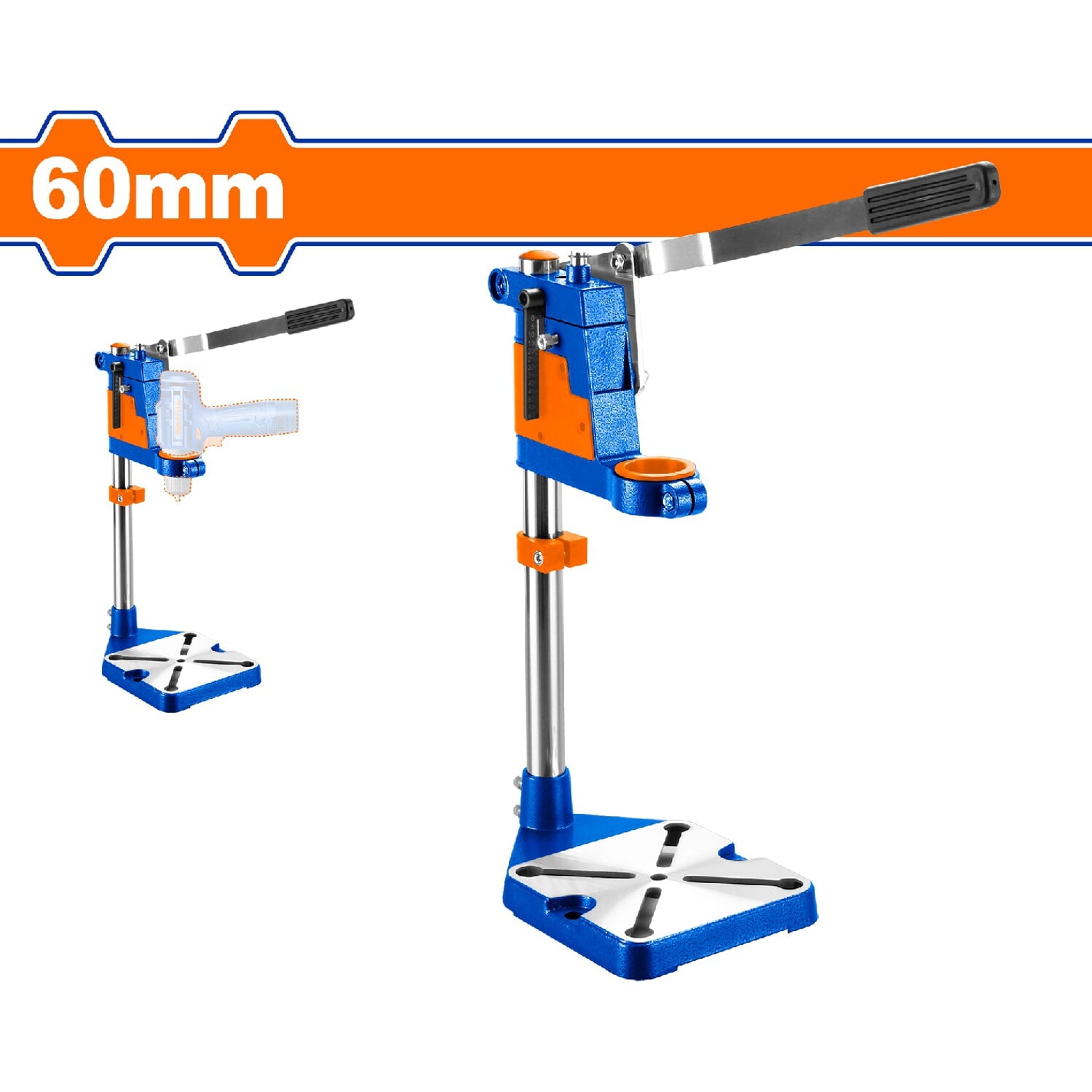 Soporte para taladro. Longitud: 60mm. Soporte: 43mm. Base y cuerpo de aleación de aluminio.