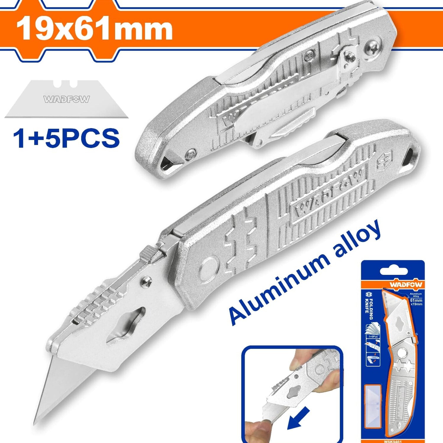 Exacto plegable con mango de aluminio. Cuchillas 19 x 61mm. Con 5 cuchillas.