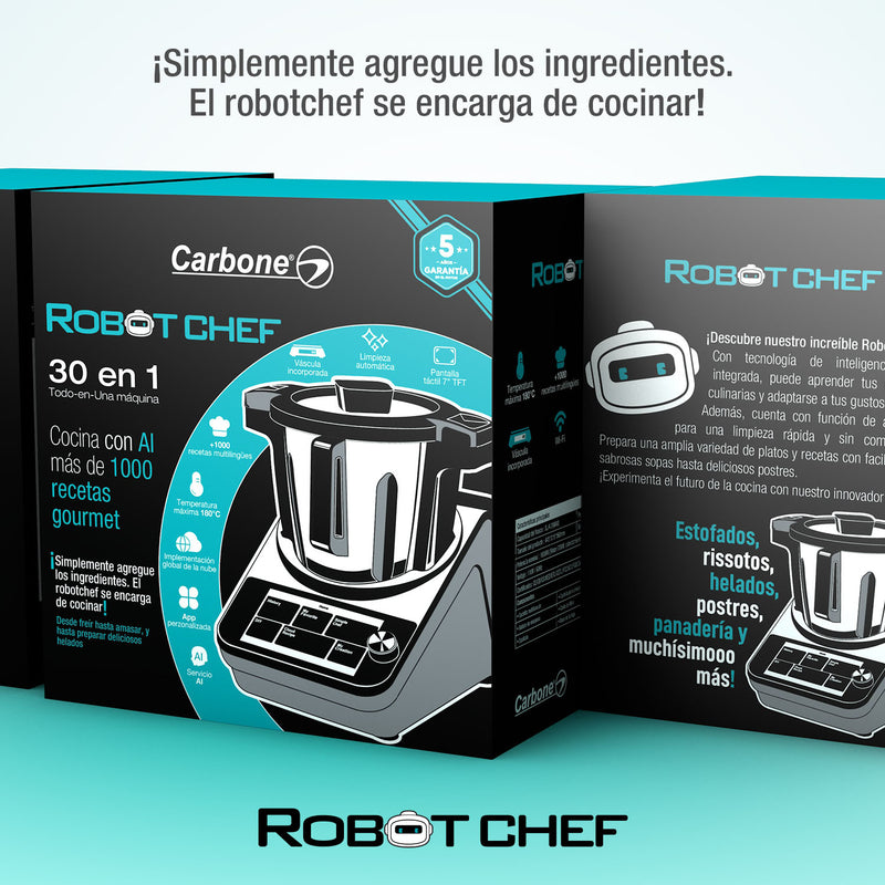 Robot de cocina inteligente 3L Robot Chef Carbone 30 en 1. Cocina 1000 recetas con inteligencia artificial AI