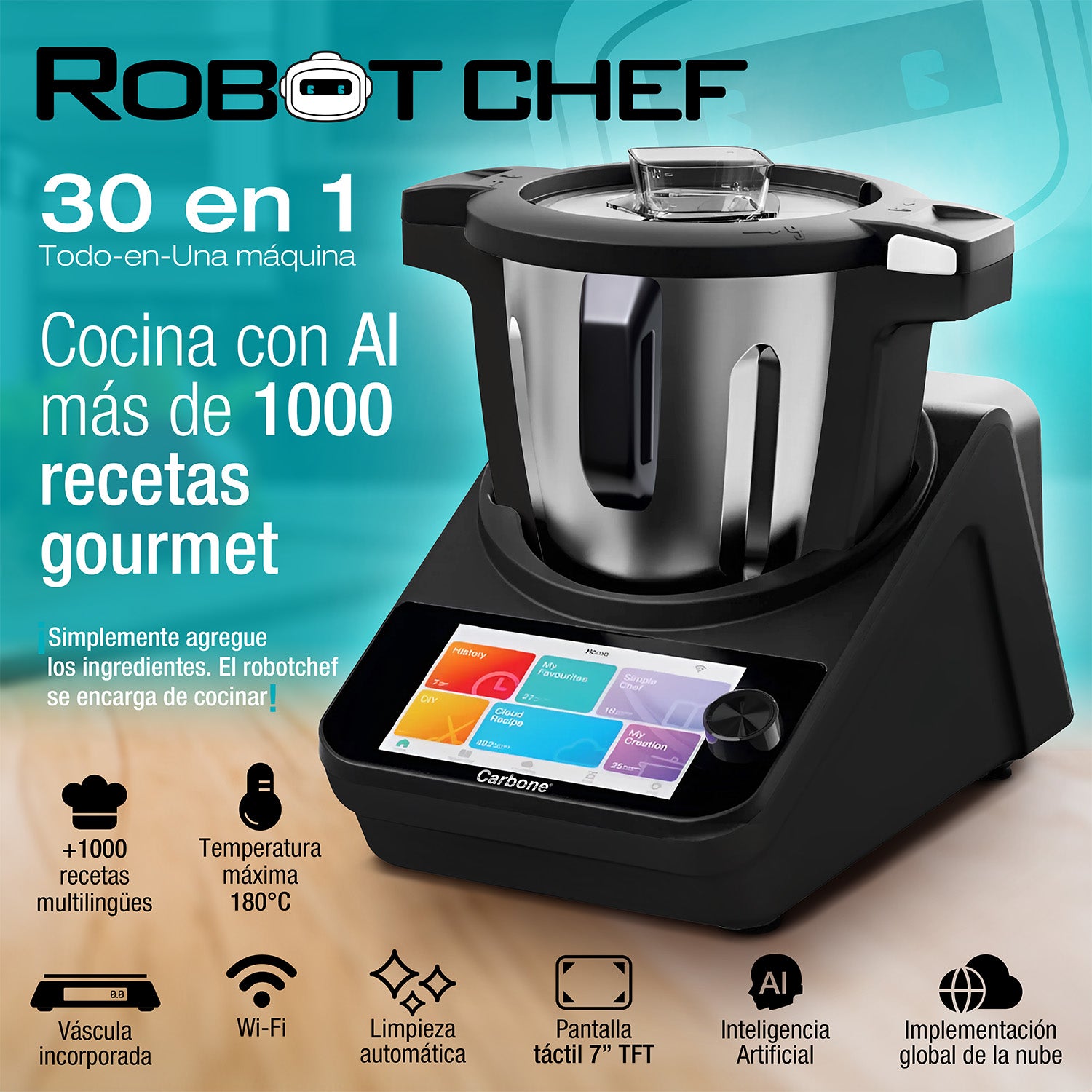 Robot de cocina inteligente 3L Robot Chef Carbone 30 en 1. Cocina 1000 recetas con inteligencia artificial AI