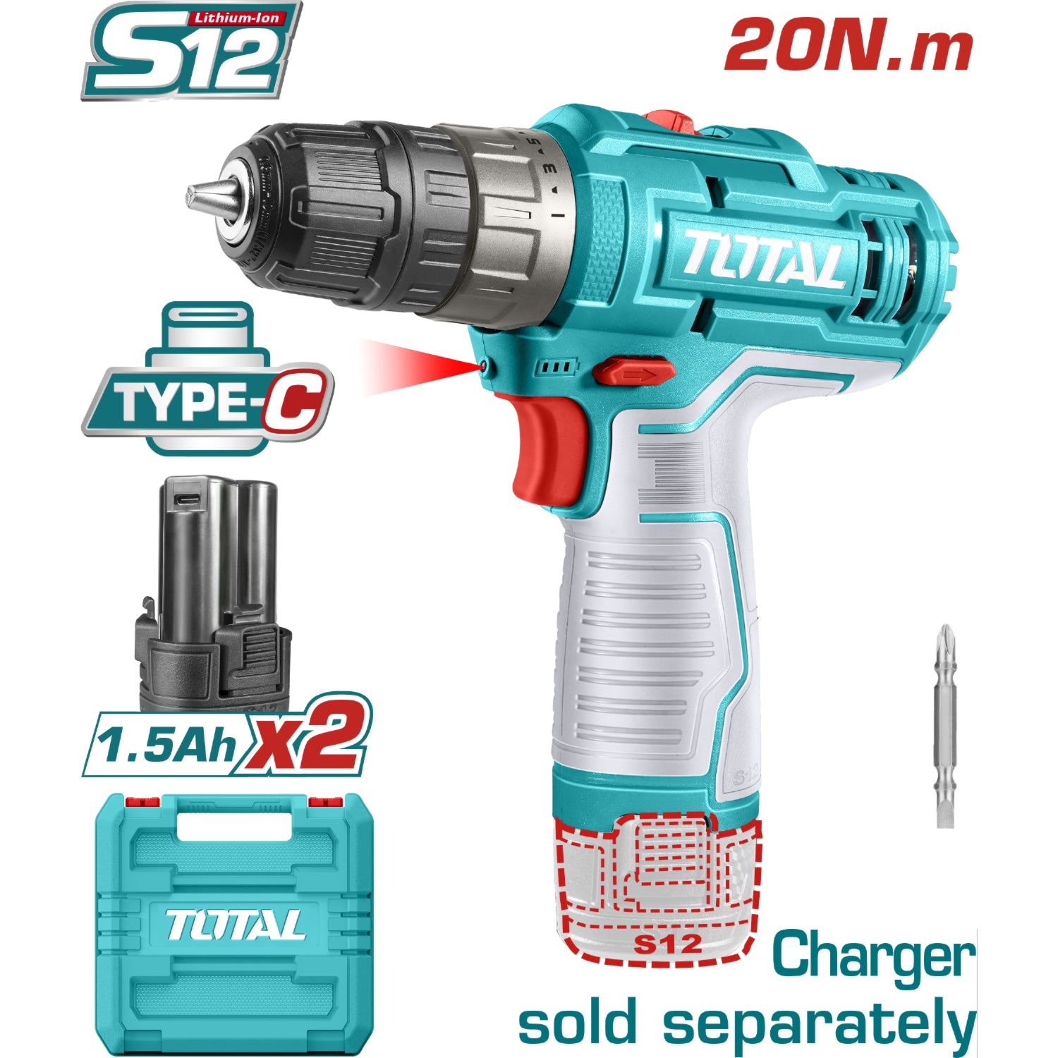 Taladro inalámbrico de 12V. 0.8-10mm 20Nm. Torque:15+1. Luz LED. Carga de bateria: USB-C Samsung. Super Total