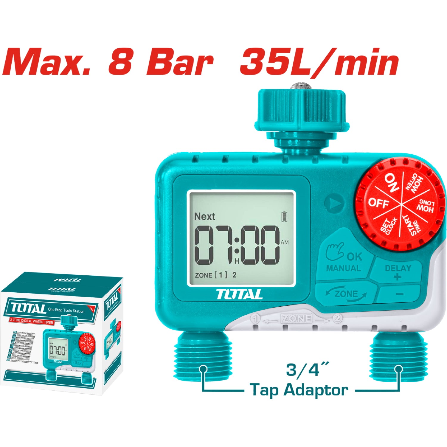 Temporizador de riego automático 2 salidas 3/4" 116PSI. De baterías AA