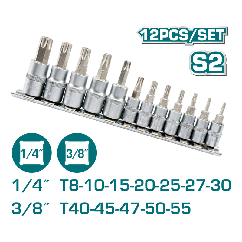 Juegos de dados de Punta de Torx (12 piezas) (T8-T30 1/4") (T40-T55 3/8") S2. Cromado