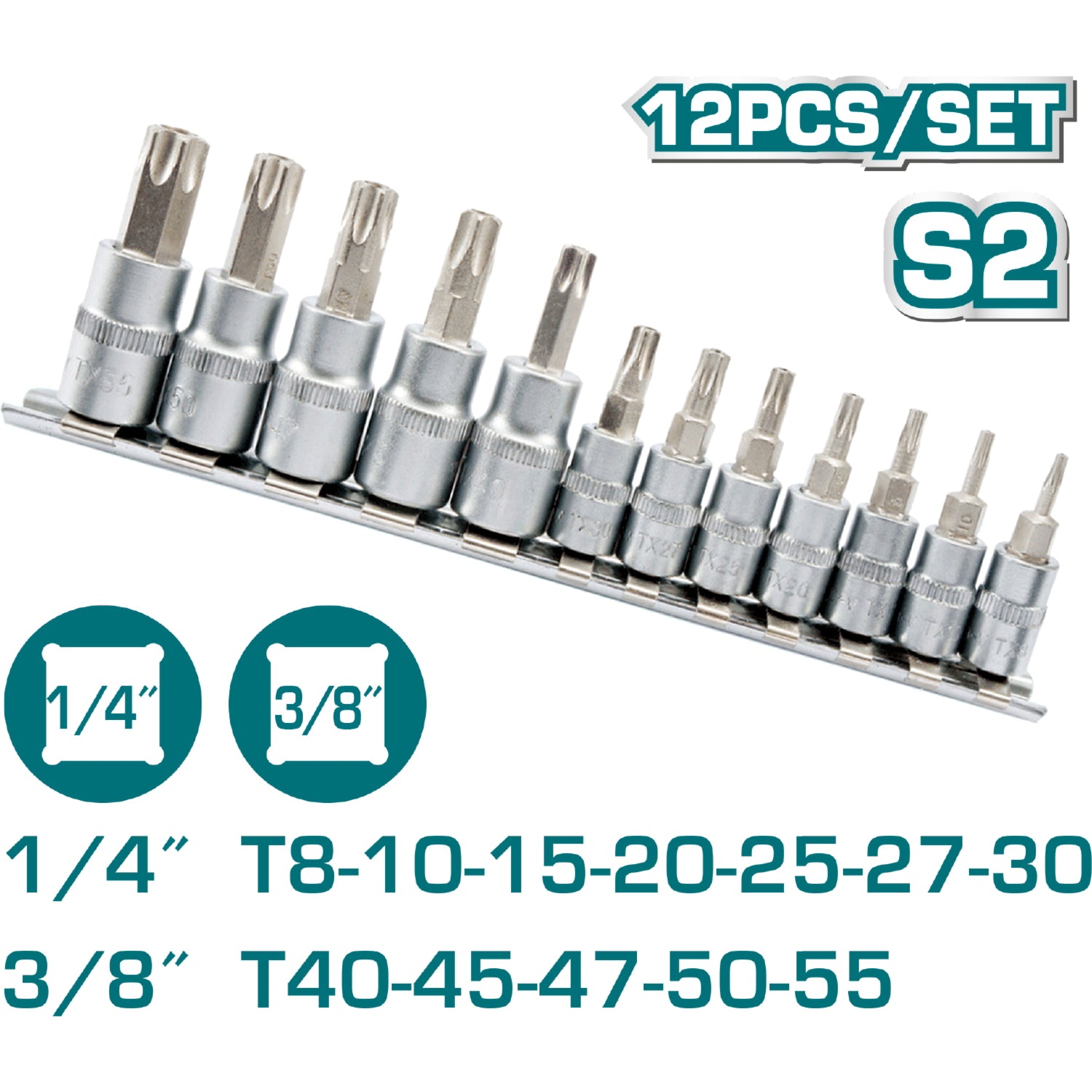 Juegos de dados de Punta de Torx (12 piezas) (T8-T30 1/4") (T40-T55 3/8") S2. Cromado