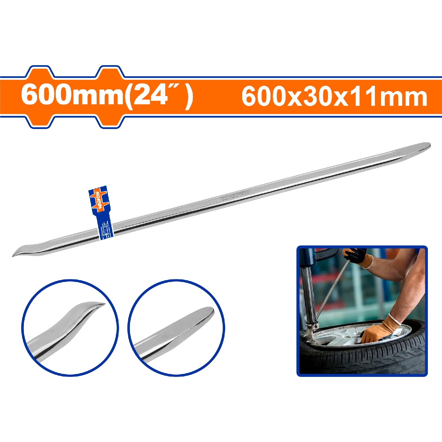 Palanca de Llanta 600mm (24"). 600x30x11mm. Acero al carbono. Forjado y tratamiento térmico. Cauchos