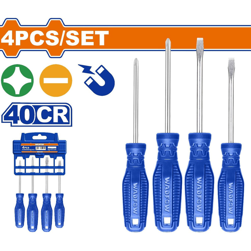 Destornilladores Punta plana y Punta estrella. Mango redondo. 40CR. Magnético (Juego de 4 pzs)