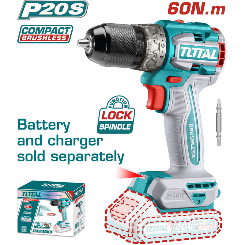 Drill taladro Inalámbrico 1/2" 20V  60Nm.  22+1  Motor sin escobillas. Batería y cargador por separado. Super Total