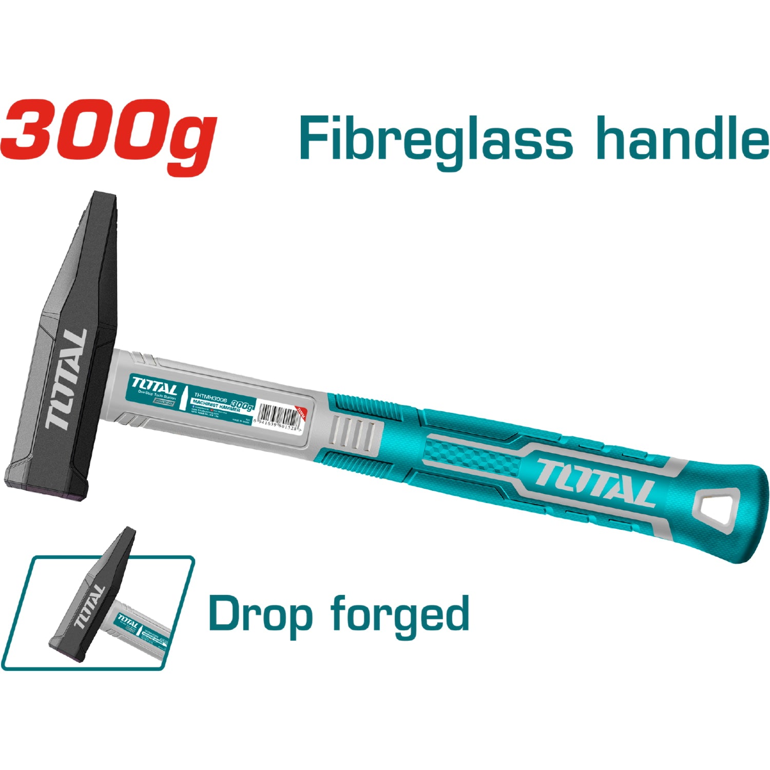 Martillo forjado, Tratamiento térmico, Acero #45 Mango fibra vidrio. 300g.