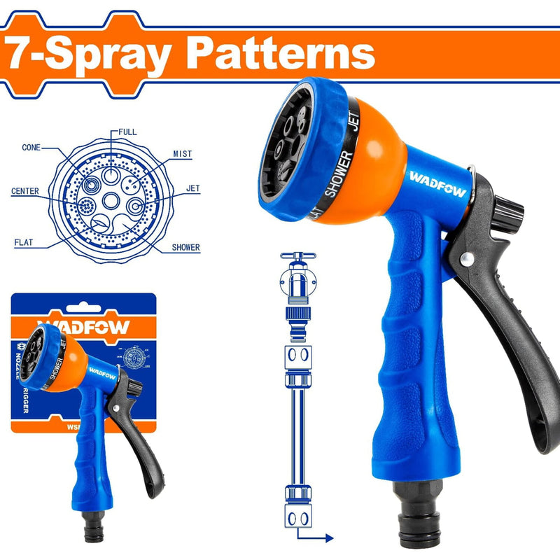 Pistola Boquilla de agua de plástico para manguera ajustable 7 vías. Agarre suave y cómodo. Gatillo de plástico.