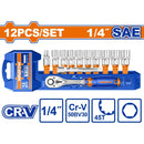 Dados socket ratchet 1/4" 12 pzs. CR-V. 45 dientes. (Socket, barra de extensión) Medida SAE.Cromado (Set)
