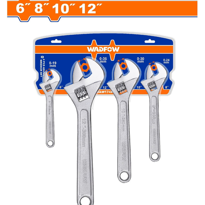 Llaves ajustables inglesas de 4 pzs. 6",8",10",12". Acero al carbono. Forjado. (Set)