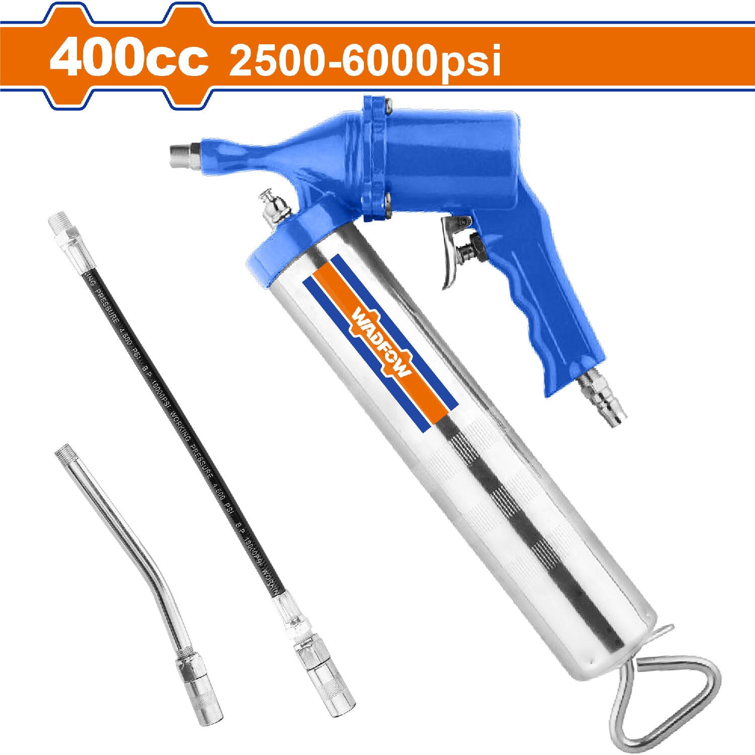 Pistola de grasa de servicio pesado 400cc 2500-6000psi. Incluye accesorios.