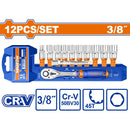Dados socket ratchet  3/8" 12 pzs. CR-V. 45 dientes. (Incluye: socket, barra de extensión) Cromado (Set)