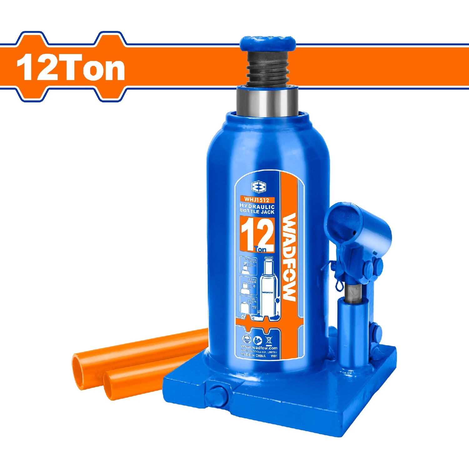 Gato Hidráulico Botella de 12 Ton. Alt. mínima:200mm. Alt. Elevación: 110mm. Alt. Ajustable: 60mm.