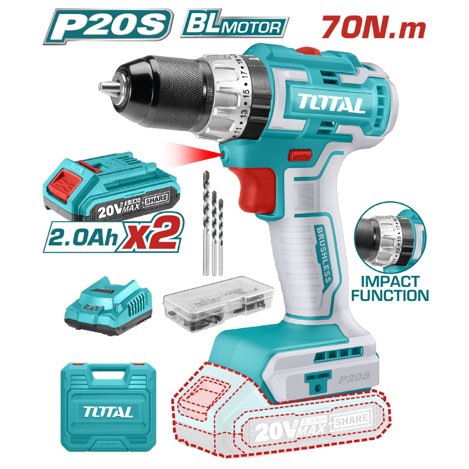 Drill Taladro inalámbrico 20V 1/2" de impacto (Sin escobillas) Incluye batería y cargador.