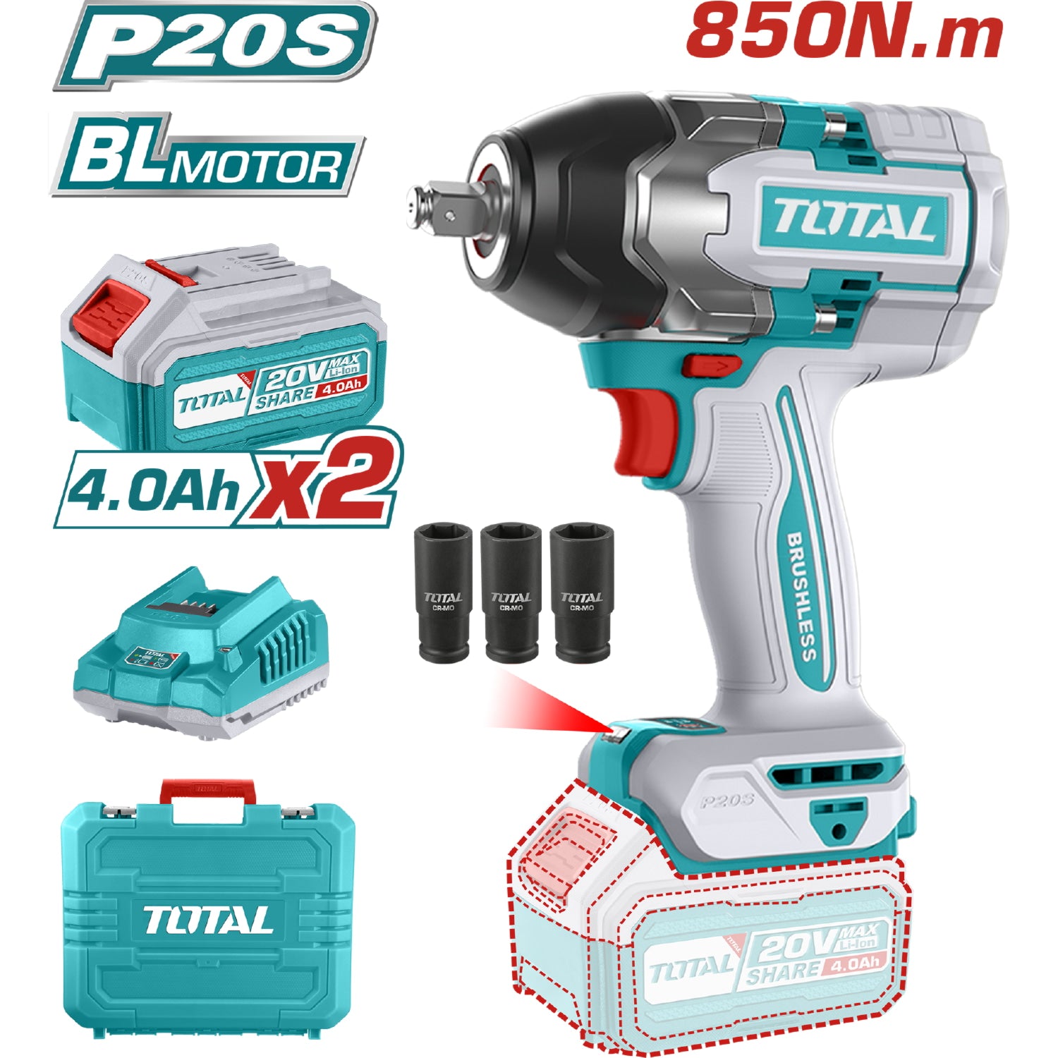 Llave Impacto dado cuadrado 20V 1/2" Motor sin escobillas. 850Nm Incluye 2 baterías y cargador. Super Total