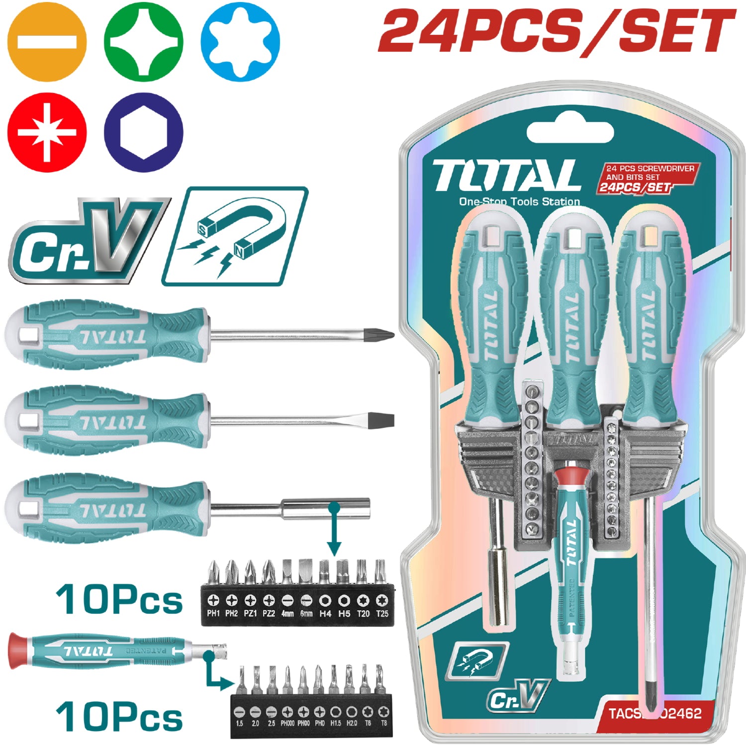 Juego de 24 piezas de destornilladores y puntas.