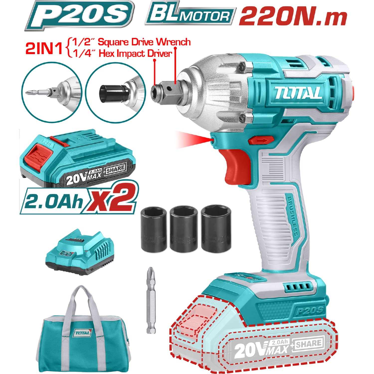 Llave de Impacto  1/2" DE DADOS Y PUNTAS HEXAGONALES 2 EN 1 20V TOTAL 220Nm. 2300rpm 3300bpm. Incluye batería y cargador.