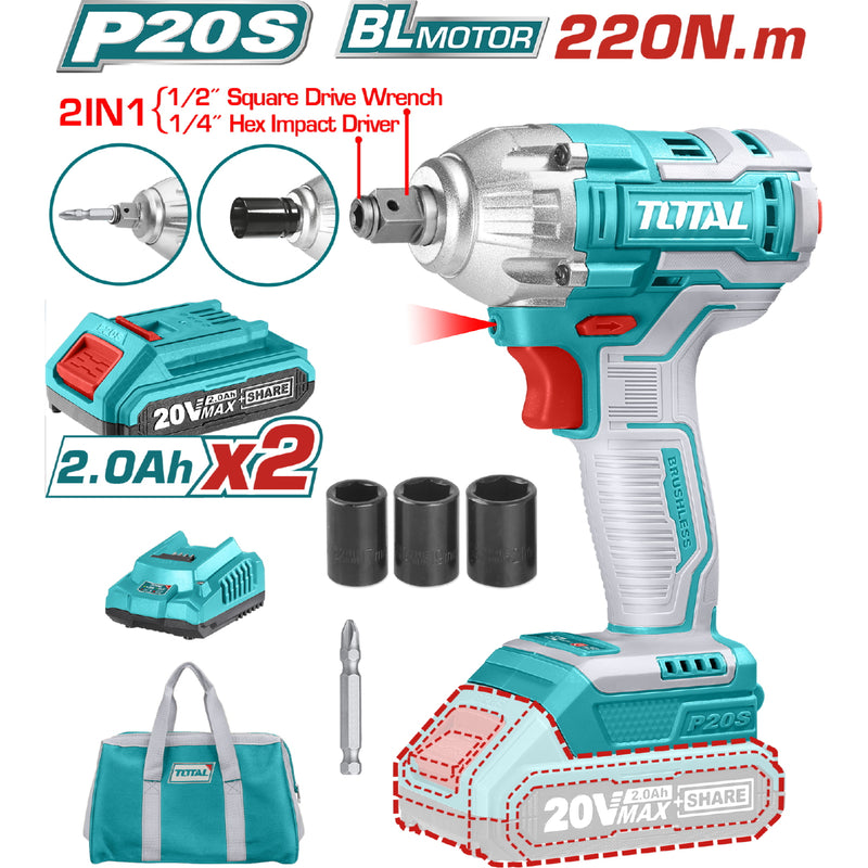 Llave de Impacto  1/2" DE DADOS Y PUNTAS HEXAGONALES 2 EN 1 20V TOTAL 220Nm. 2300rpm 3300bpm. Incluye batería y cargador.