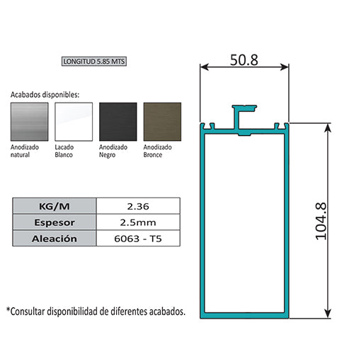 PF-100 Vertical y Travesaño Muro Cortina Perfil Visto. Espesor 2.5 mm. Largo 5.85 mts. Acabado Lacad