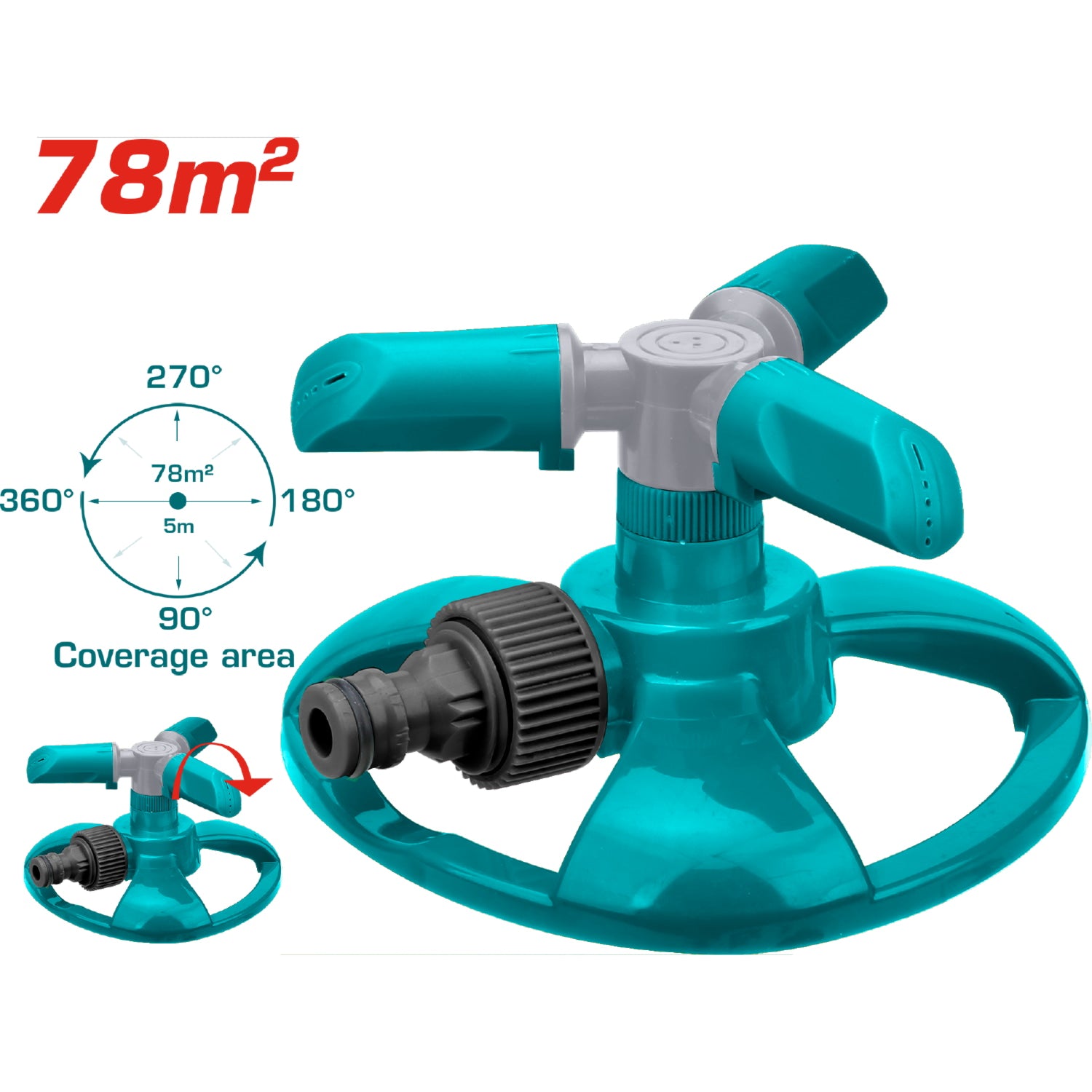 Aspersor de 3 brazos giratorio, Material ABS y PP, Conexión de la Manguera ¾”, Dimen.: 16.5*14*8cm