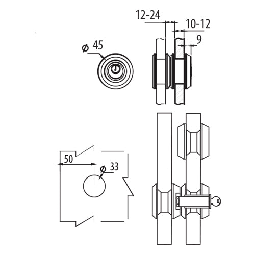 Cerradura especial para sistema slider. Acabado satinado. Vidrios de 10-12 mm
