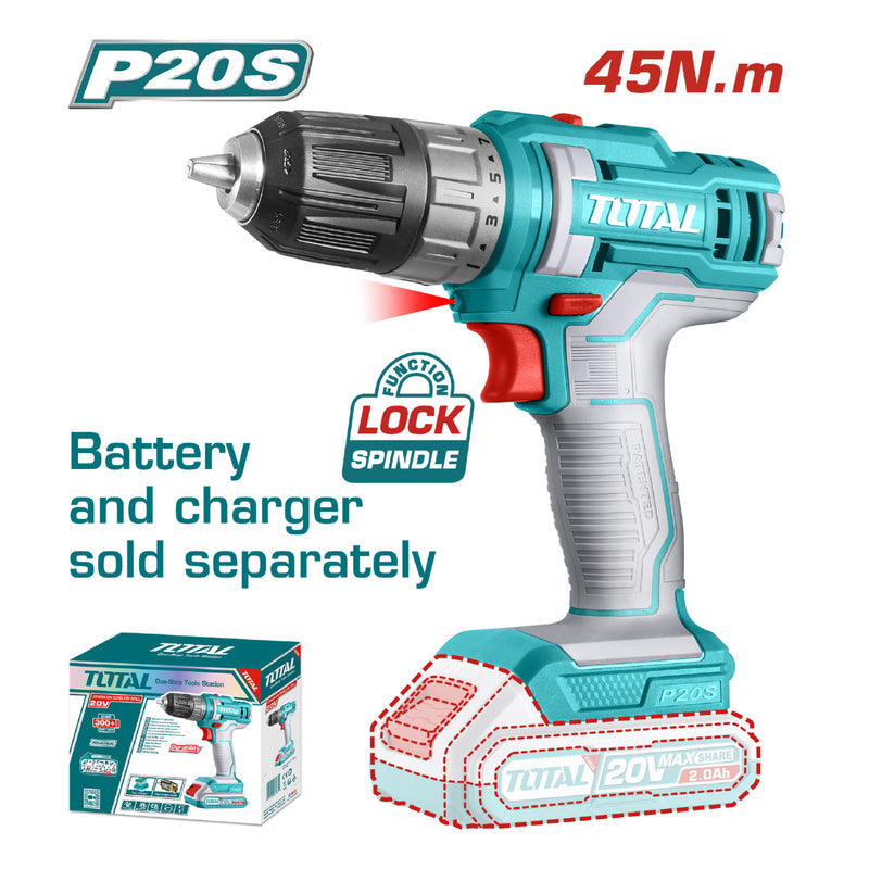Taladro Inalámbrico 20V de 3/8" 45Nm 0-1500rpm. No incluye batería ni cargador.
