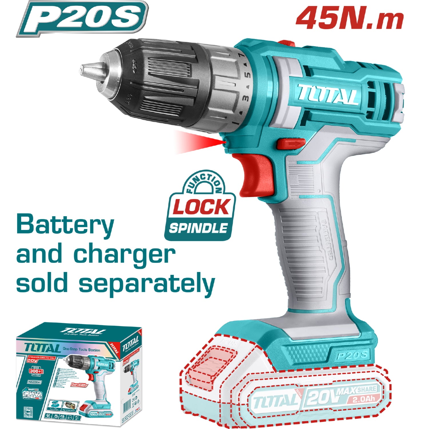 Taladro Inalámbrico 20V de 3/8" 45Nm 0-1500rpm. No incluye batería ni cargador.