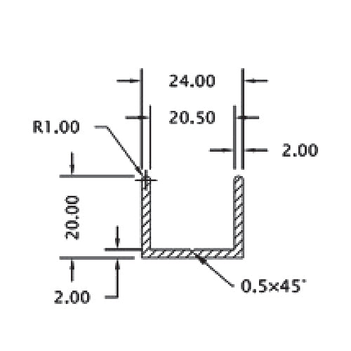 Uchanel alum. 20 mm glass. 3 mts largo. acabado satinado.
