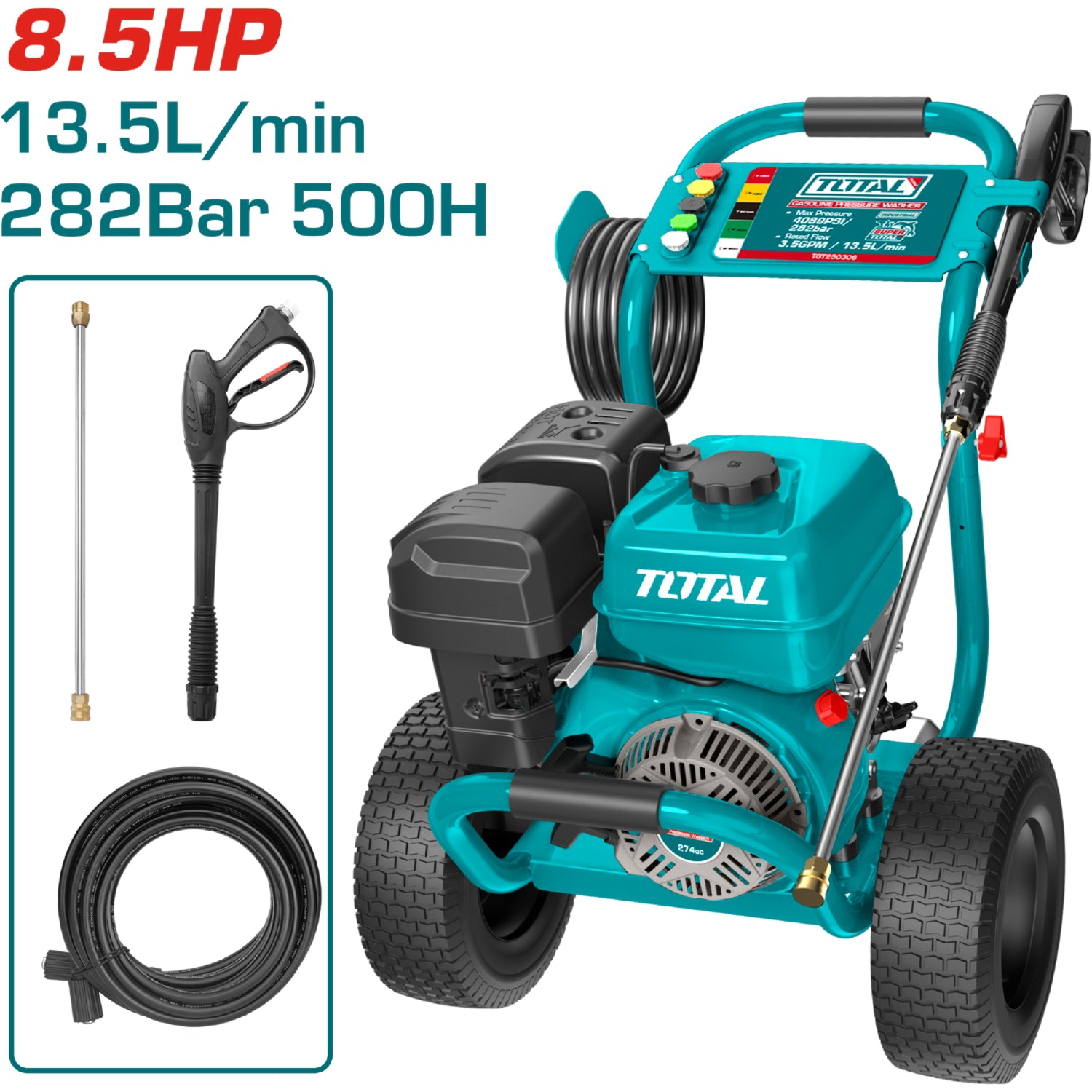 Hidrolavadora a Gasolina Presión 4089 PSI. 8.5 HP. 13.5/min. 500 Horas. Incluye accesorios.