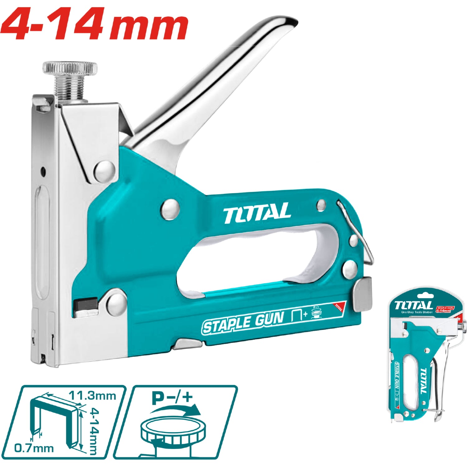 Grapadora industrial con fuerza ajustable, Grapas (11.3mm) largos 4-14mm.