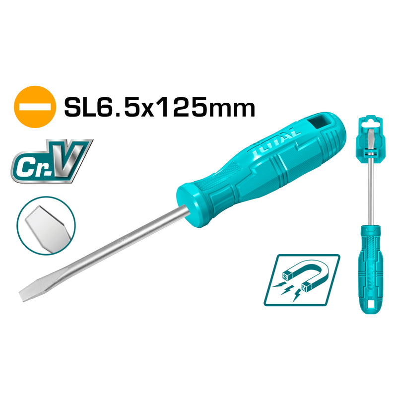 Destornillador plano 40 Cr, mango redondo. Ranura: 6 mm. Diámetro: 6 mm. Longitud: 125 mm