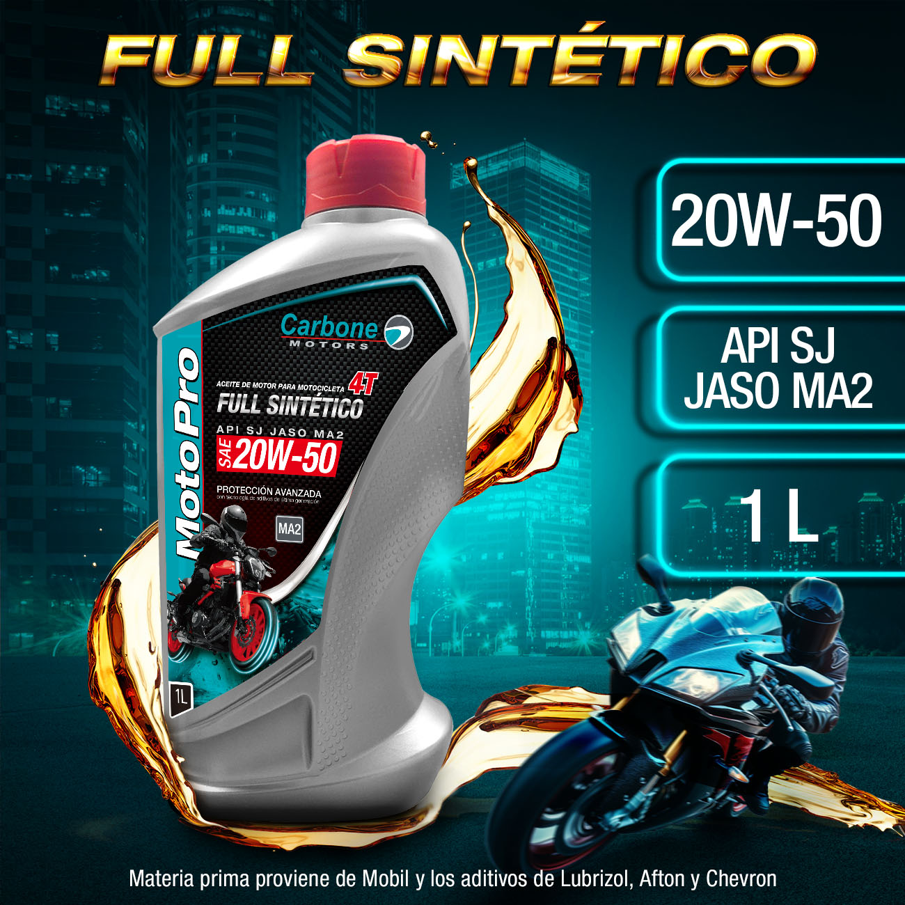 ACEITE PARA MOTO 20W-50 API SJ JASO MA2 FULL SINTETICO PARA MOTOCICLETAS 4T ( 1 LT ).