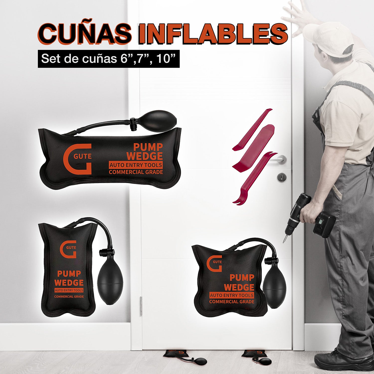 Cuña inflable, paquete de 3 cuñas de 10, 7 y 6 pulgadas.