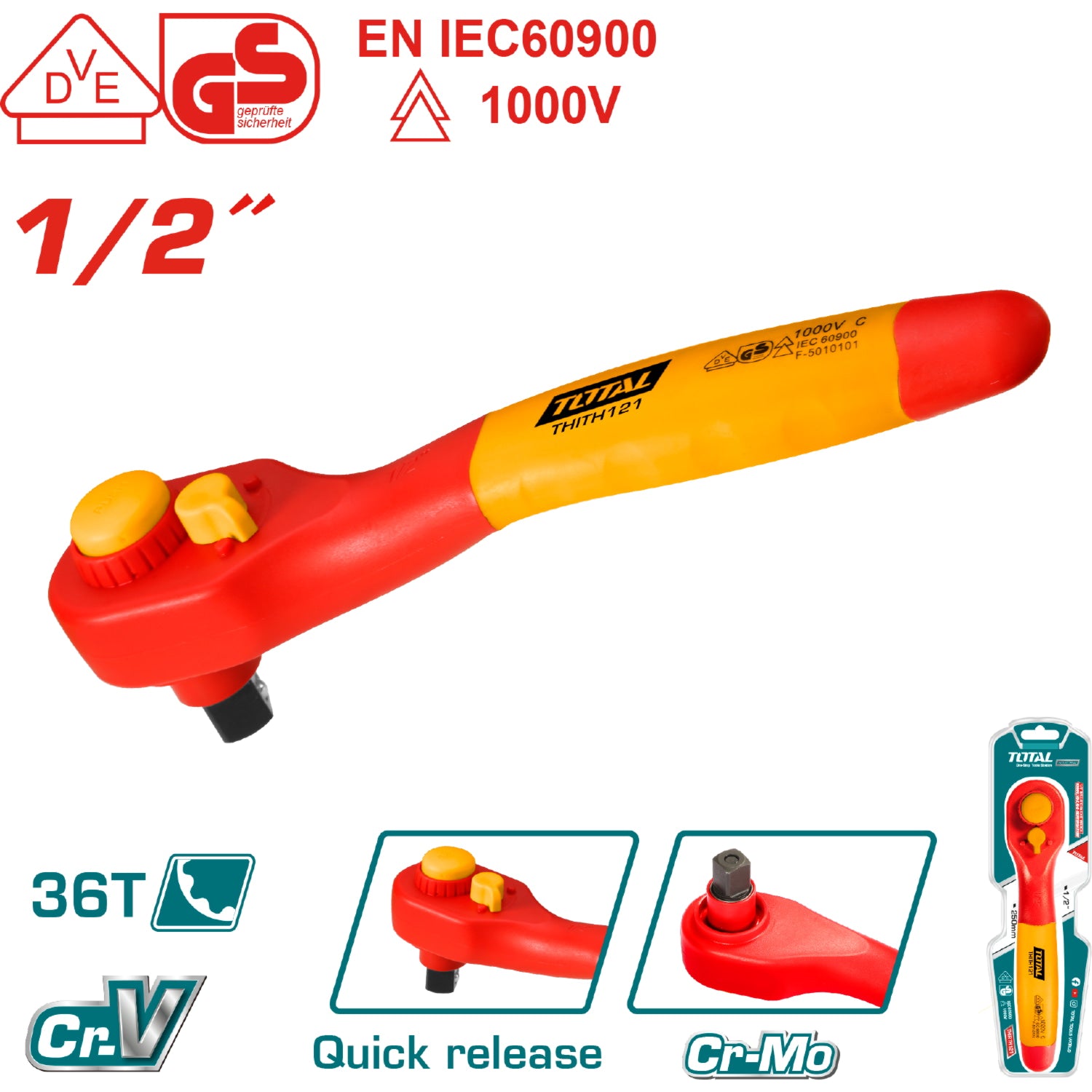 Ratchet de 1/2" 45T 250mm largo, Aislado.EN60900