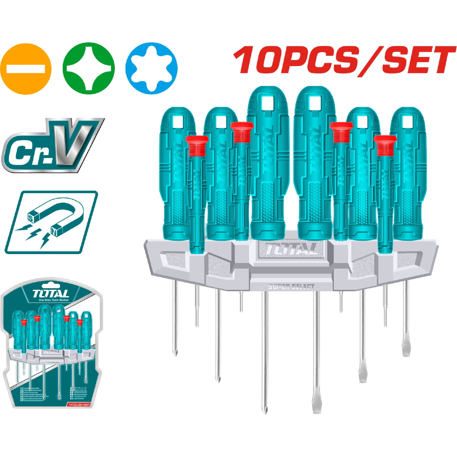 Juego de destornilladores de 10 pcs. CR-V. (N1). Blíster. Incluye sostenedor de plástico.