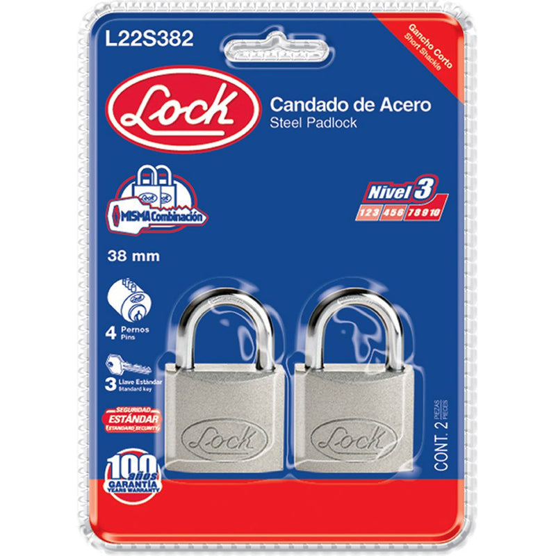 Candado acero corto llave estándar 2 pzs cromo satinado Lock