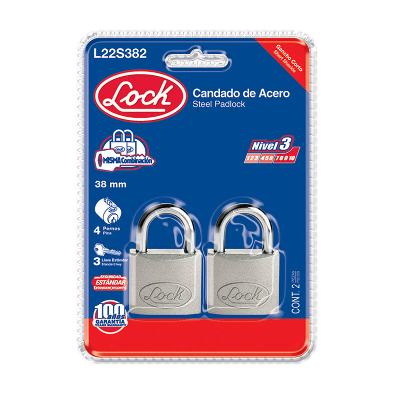 Candado acero corto llave estándar 2 pzs cromo satinado Lock