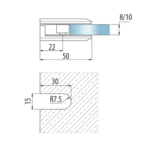 Clip sencillo vidrio muro  Aleacion ZAMAC. Economica Acabado Satinado. Vida util 2-3 años