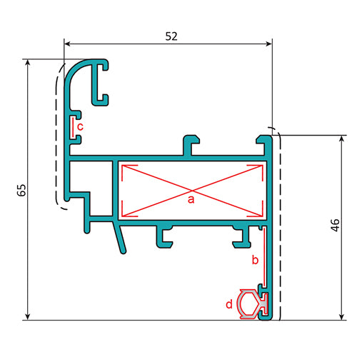 Hoja Ventana Abatible52x65mm. Espesor 1.4 mm. Largo 5.85 mts. Acabado Anodizado Silver 15 Micron.