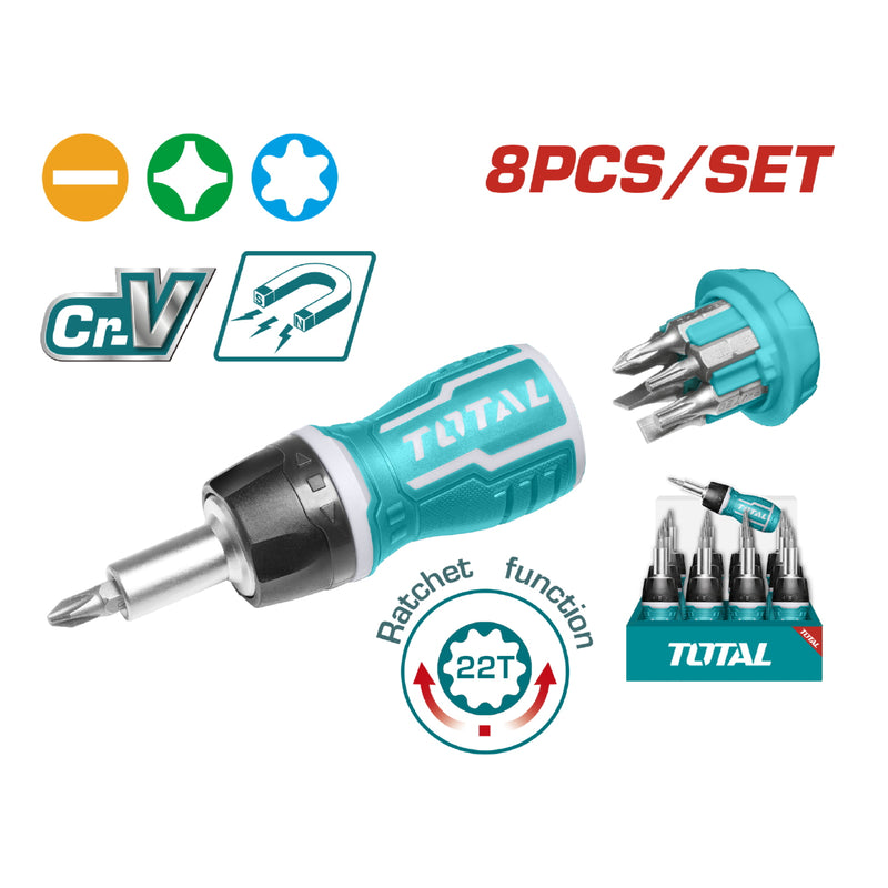 Destornillador Ratchet 8 pzs. (Mango ergonómico.25 mm. SL5,SL6,PH0,PH1,PH2,T10,T20)