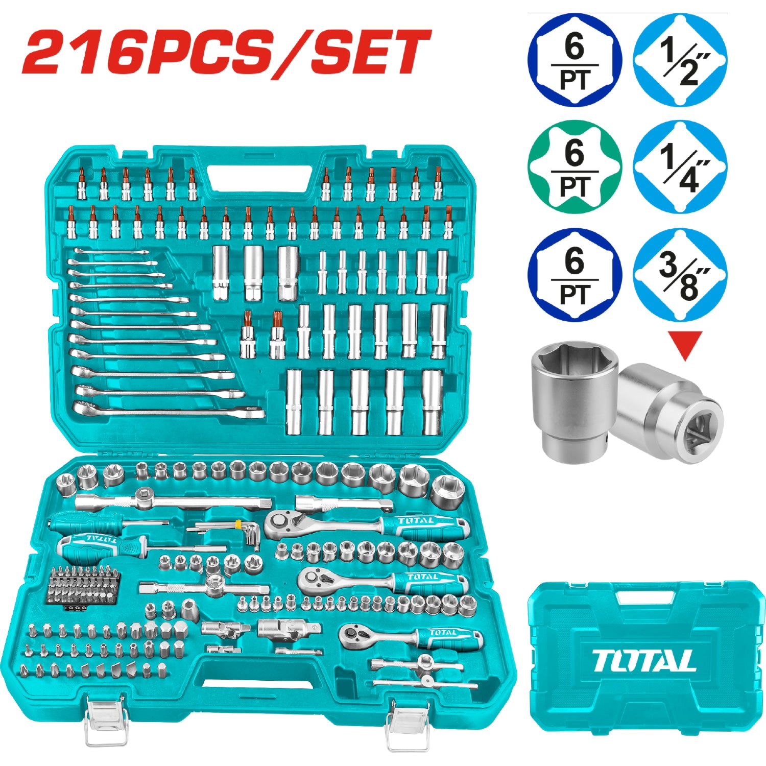 Sockets dados ratched 216 piezas variadas en maletín. (Llaves, barras, adaptador, mangos) en juego kit 1/4", 3/8" y 1/2"