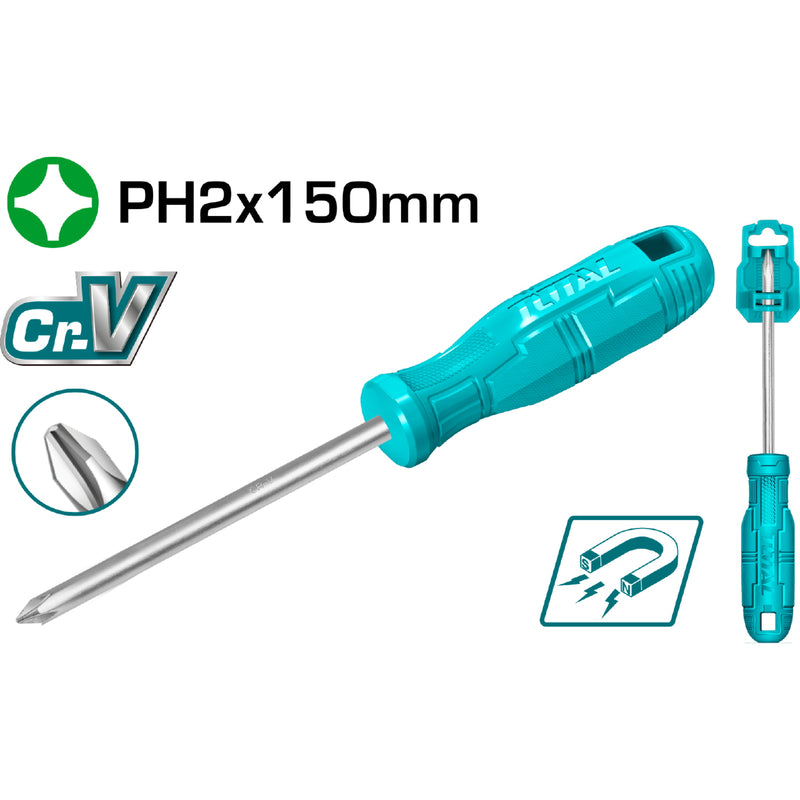 Destornillador Phillips 40 Cr, PH2, mango redondo. Diámetro: 6 mm. Longitud: 150 mm.