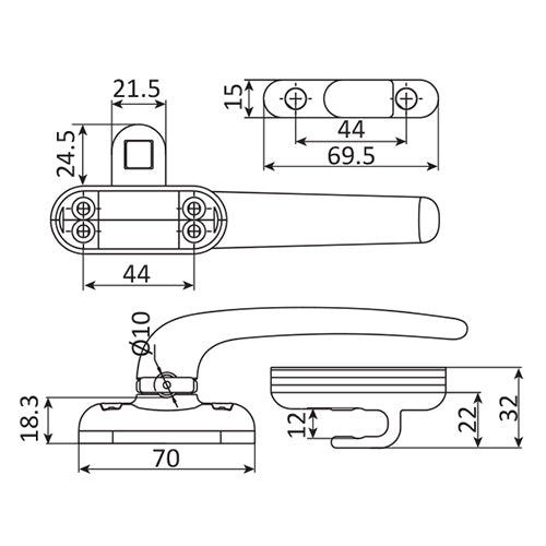 Manilla de cierre a presion para ventana y puerta. Incluye recibirdor, calzo de nivelacion y tornill