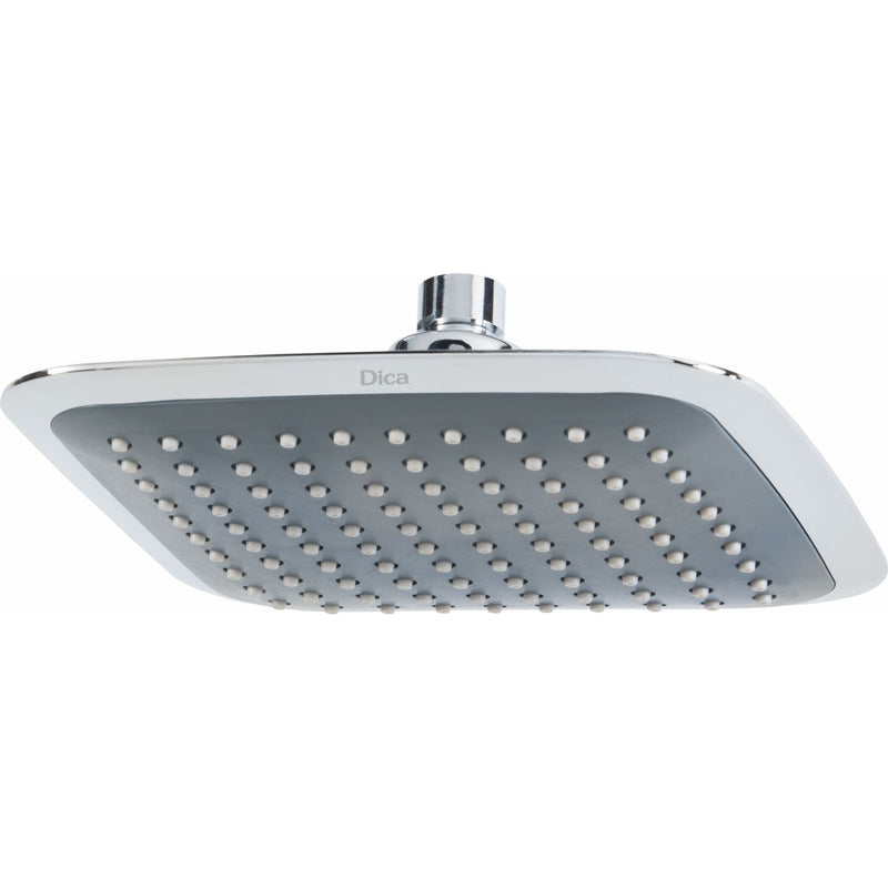 Regadera ducha de plato cuadrado de 8” sin brazo y chapetón. Cuerpo ABS . Acabado cromo.