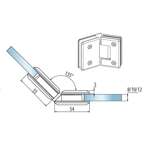 Bisagra de ducha 135 grados Aleacion ZAMAC. Economica Acabado Brillante. Vida util 2-3 años