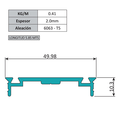 PF-107 Tapa Presora Muro Cortina Perfil Visto. Espesor 2.0 mm. Largo 5.85 mts. Acabado Natural.