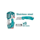 Exacto plegable con Mango de aluminio. Con cuchillas de 61 x 19 mm. Con 6 cuchillas de repuesto SK5.