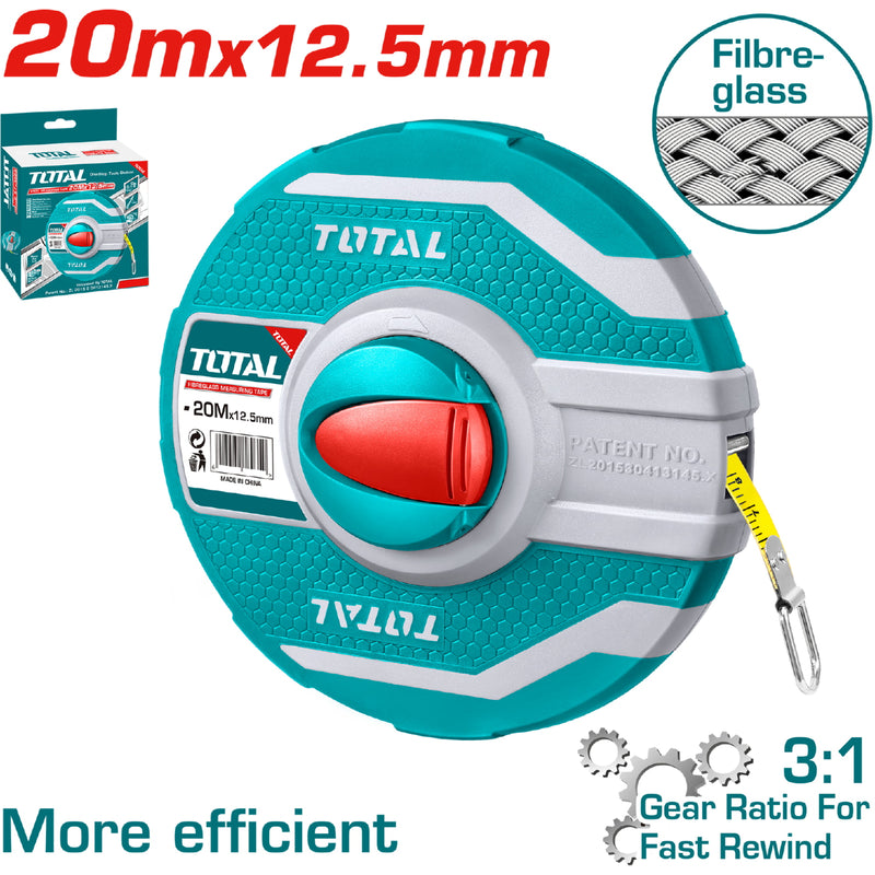 Cinta Metrica de 20 m de Fibra de Vidrio. Ancho 12.5 mm. Relación de Guardado Rapido de 3:1. M-Pulg