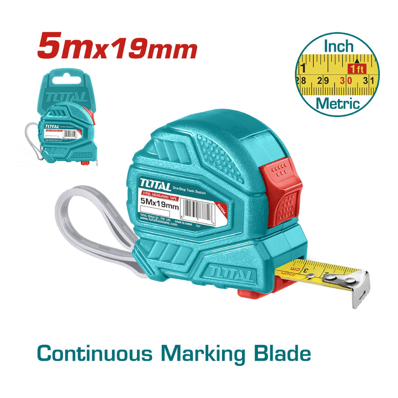 Cinta Métrica de Acero de 5 m. Ancho 19 mm. En Metros y Pulgadas. Doble botón. Material ABS.